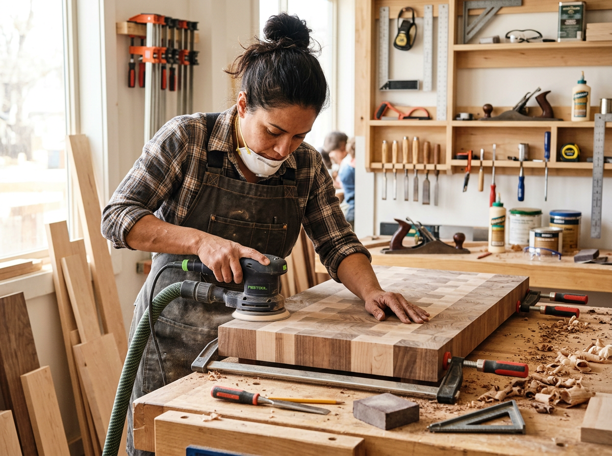 Carpenter building a custom butcher-block kitchen island