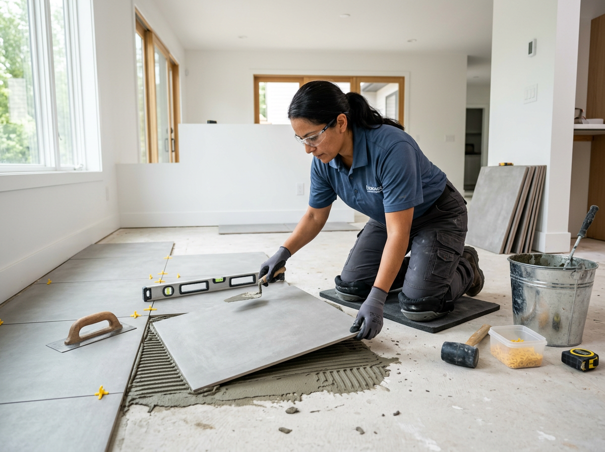 Worker installing tile and carpet flooring in a home