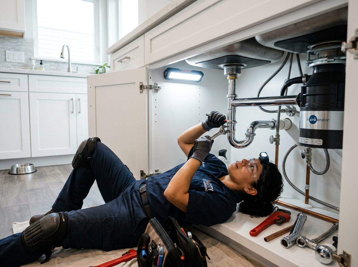Plumber repairing pipes under a sink