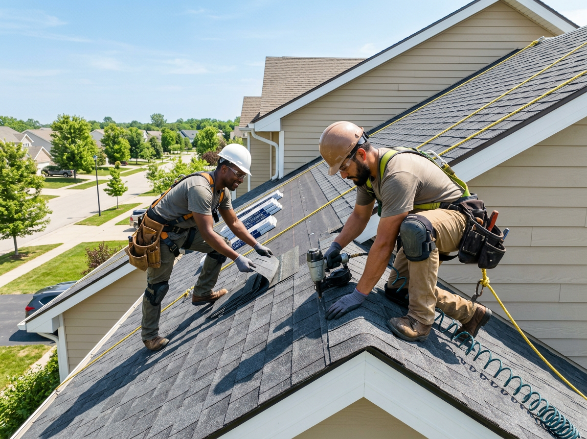 Roofers installing asphalt shingles on a residential roof