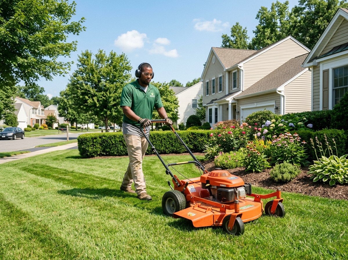 Worker maintaining a tidy residential yard